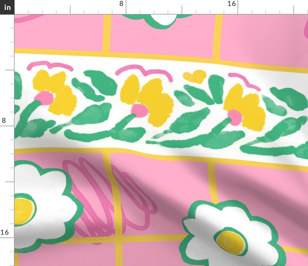 Tween Spirit Flower grid scribble border pink green large scale