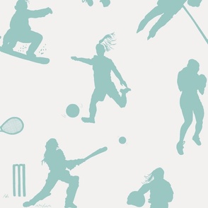 Hand Drawn Silhouettes Of Women Playing Sports Turquoise Blue On Off White Large