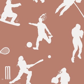 Hand Drawn Silhouettes Of Women Playing Sports Off White On Clay Pink Large