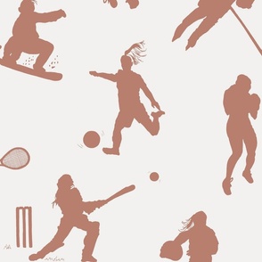 Hand Drawn Silhouettes Of Women Playing Sports Clay Pink On Off White Large