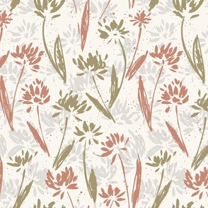 Wildflower Large Scale Warm Neutrals Floral - Beige, Pink and Green