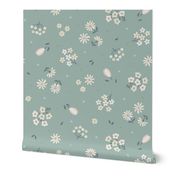 Izzy's Garden (xlarge), cream flowers - floral clusters on soft sage green
