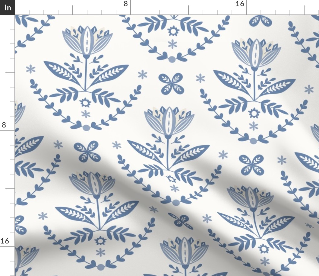  Large blue Scandinavian floral in white cream 10.50in x 10.50in