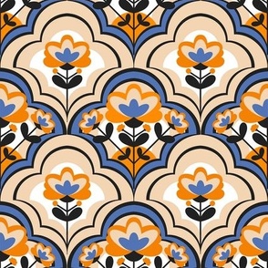 Decorative Geometric Flowers / Blue and Orange Version / Small Scale