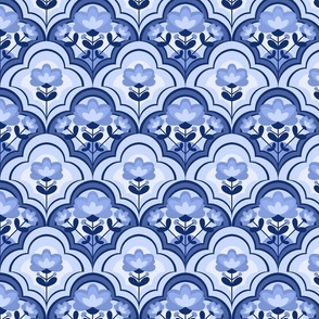 Decorative Geometric Flowers / Monochrome Blue Version / Medium Scale