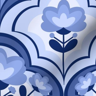 Decorative Geometric Flowers / Monochrome Blue Version / Large Scale or Wallpaper