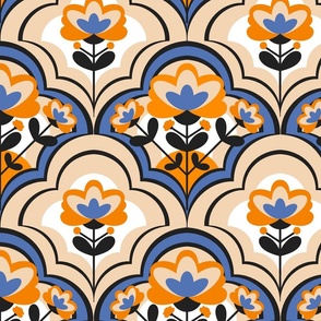 Decorative Geometric Flowers / Blue and Orange Version / Large Scale or Wallpaper