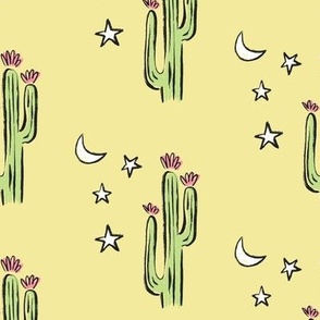 Cactus with Moon and Stars on Yellow Background