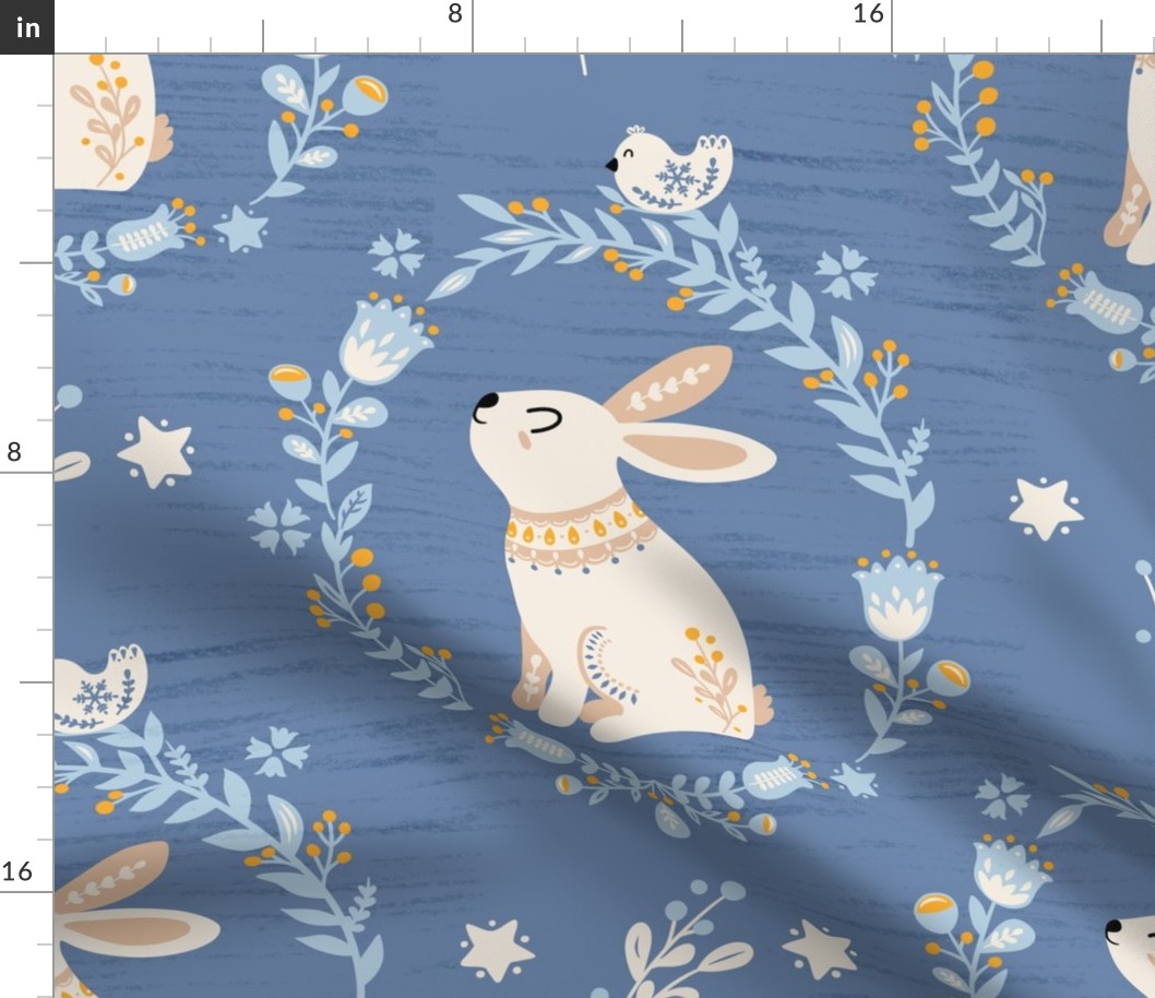 Large folk cream rabbit with light blue cream and yellow flowers leaves and stars in blue 20.93in x 20.93in
