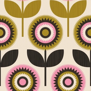 Retro Scandi Flowers  - Pink Gold and Black Lg.