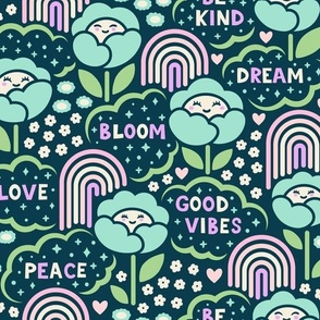 Good Vibes Happy Rainbow Floral |Medium Scale | Aqua, Green, Lavender, Pink & Navy