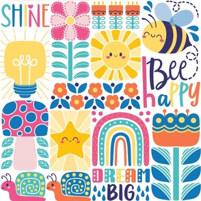 Positive vibes, cute bee, flowers, snails, star, sun, rainbow, mushroom