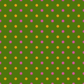 Moss green, pink,  orange-yellow polka dots. Medium scale. 