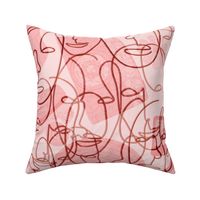 Monochromatic monoline abstract faces over retro roller derby motifs on pink