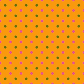 Orange yellow with green and pink polka dots. Medium scale.
