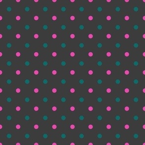 Teal and pink polka dots on dark gray, medium scale