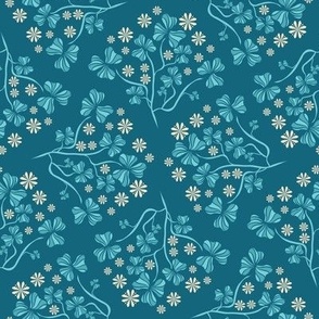 Retro floral in geometric layout, teal and yellow