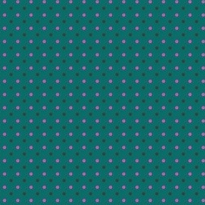 Teal with pink and gray polka dots. Tiny scale. Pin dots.