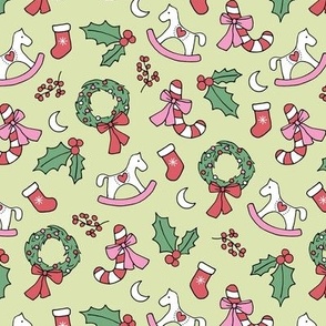 Cutesy Christmas retro wreath mistletoe candy cane moon rocking horse and stockings seasonal ornaments and icons  red green pink on lime