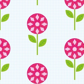 Pink and Green Flowers over Blue Plaid