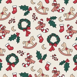 Cutesy Christmas retro wreath mistletoe candy cane moon rocking horse and stockings seasonal ornaments and icons ruby red pine green beige on sand