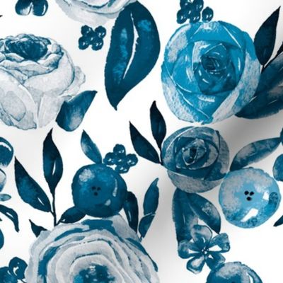 Watercolor Monochromatic Floral Garden // Blue Teal