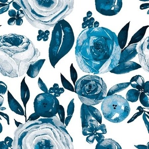 Watercolor Monochromatic Floral Garden // Blue Teal