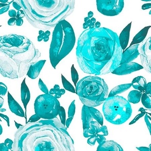 Watercolor Monochromatic Floral Garden // Turquoise 