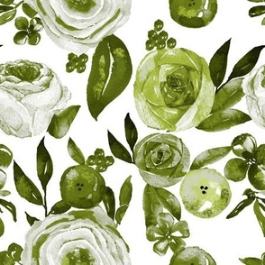 Watercolor Monochromatic Floral Garden // Olive Green