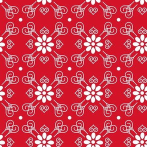 Flowers & Flourish - White Flowers & Polka Dots with Flourish Scroll Design on Red  - Large