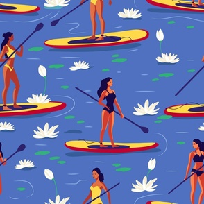 Woman in a swimsuit on a SUP board on the lake