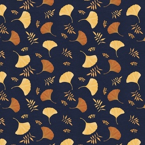 falling gingko leaves yellow and brown on midnight blue - medium scale