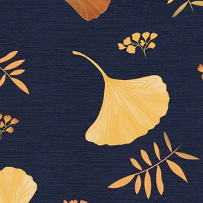 falling gingko leaves yellow and brown on midnight blue - jumbo scale