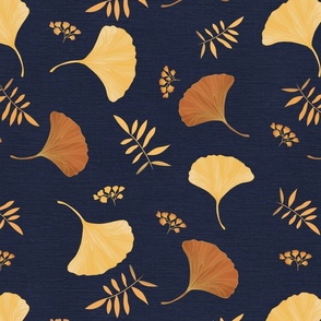 falling gingko leaves yellow and brown on midnight blue - large scale