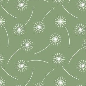 Dandelion Fields - small scale simple white modern dandelions on neutral sage green