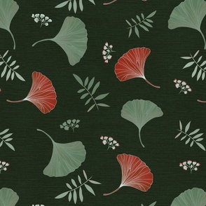 falling gingko leaves shades green and red on dark green - large scale