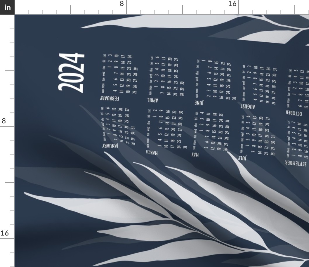 leaf calendar 2024 - hand-drawn leaf on navy blue - tea towel and wall hanging