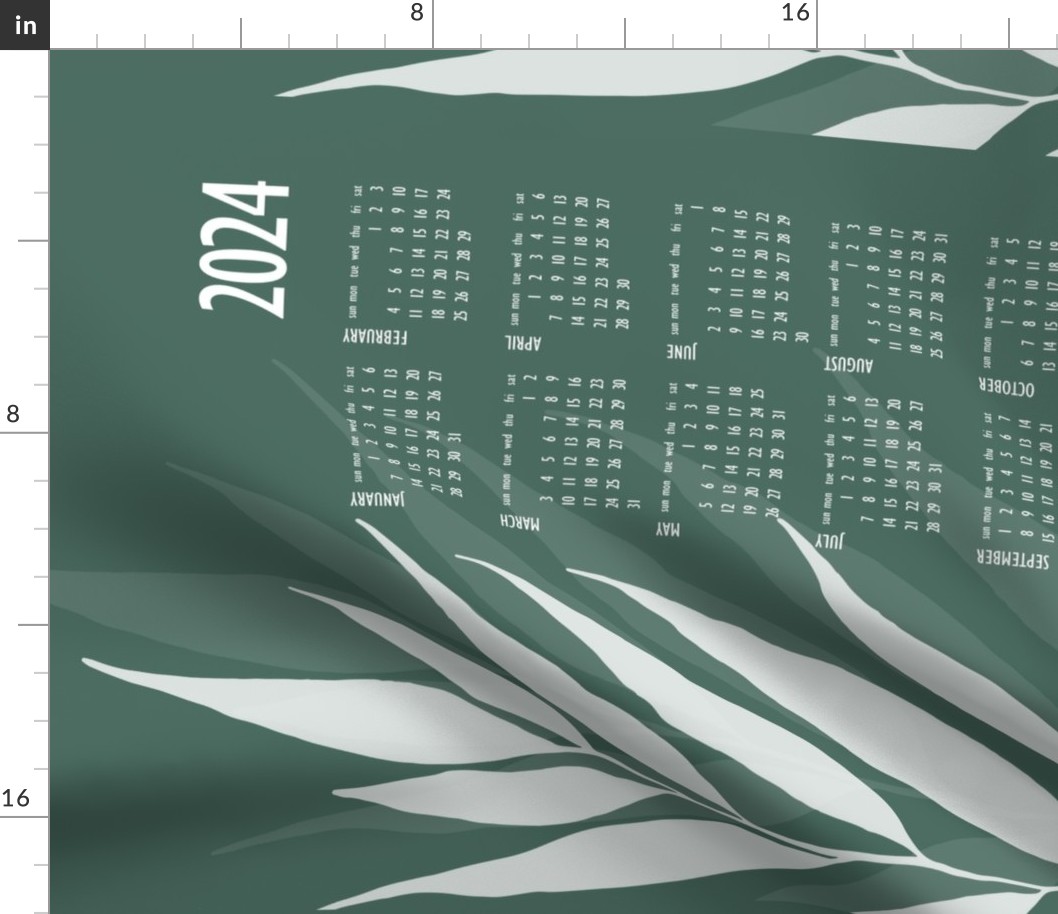 leaf calendar 2024 - hand-drawn leaf on pine green - tea towel and wall hanging