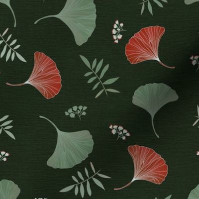 falling gingko leaves shades green and red on dark green - medium scale