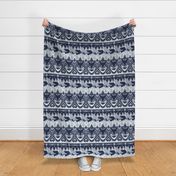 Normal scale // Fair isle knitting grey wolf // navy blue and grey wolves moons and pine trees