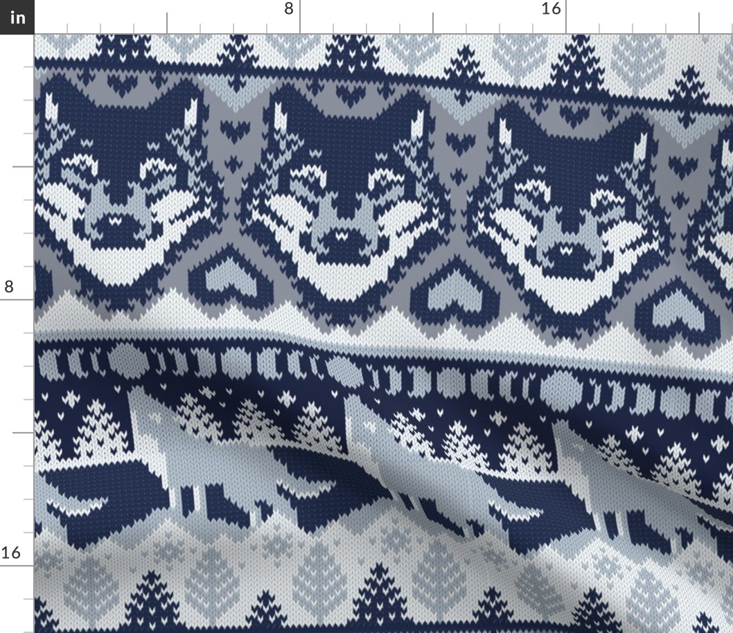 Normal scale // Fair isle knitting grey wolf // navy blue and grey wolves moons and pine trees