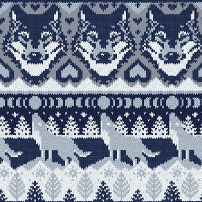 Small scale // Fair isle knitting grey wolf // navy blue and grey wolves moons and pine trees