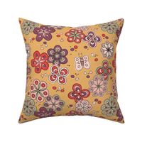 M | Retro Geometric Flowers Summer Butterfly Floral on Harvest Gold