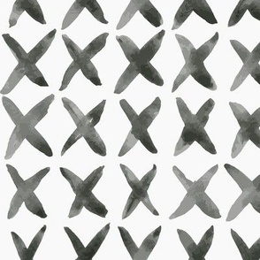 Large scale Watercolour Cross stitch pattern in neutral dark grays/blacks and cool white  for bedlinen coordinates such as sheets, pillow shams, duvet covers, as well as childrens/baby apparel and accesories.