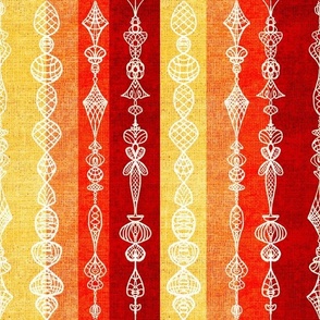 Vertical burlap textured stripes with black handdrawn lace effect overlay small 12”  repeat bright red, orange, yellow and deep red
