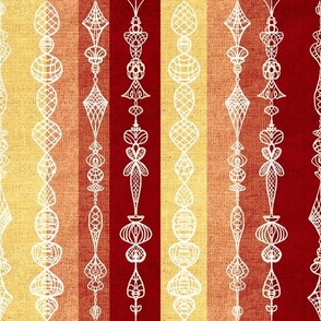 Vertical burlap textured stripes with white handdrawn lace effect overlay small 12”  repeat yellow, coral salmon, russet red, deep brown red