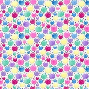 Tiny Bright Pink Blue Green Yellow Lavender Watercolor Bubbles on Cream and White Stripe