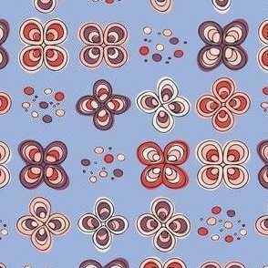 S | Plum Violet and Red Abstract Butterfly Wings Retro Floral Doodle Grid with Dots on Mont Blanc Blue