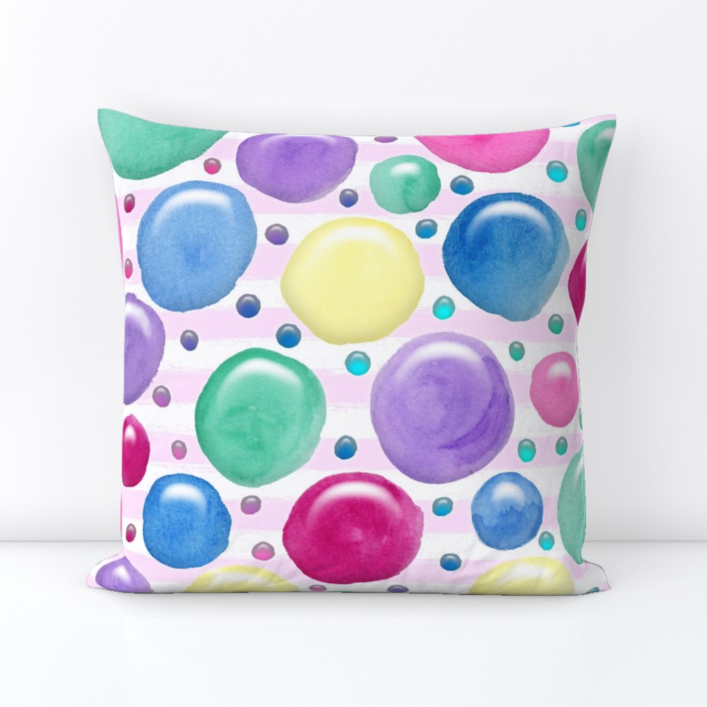 Large Bright Pink Blue Green Yellow Lavender Watercolor Bubbles on Pink and White Stripes