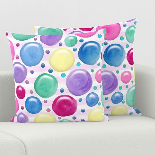 Large Bright Pink Blue Green Yellow Lavender Watercolor Bubbles on Pink and White Stripes